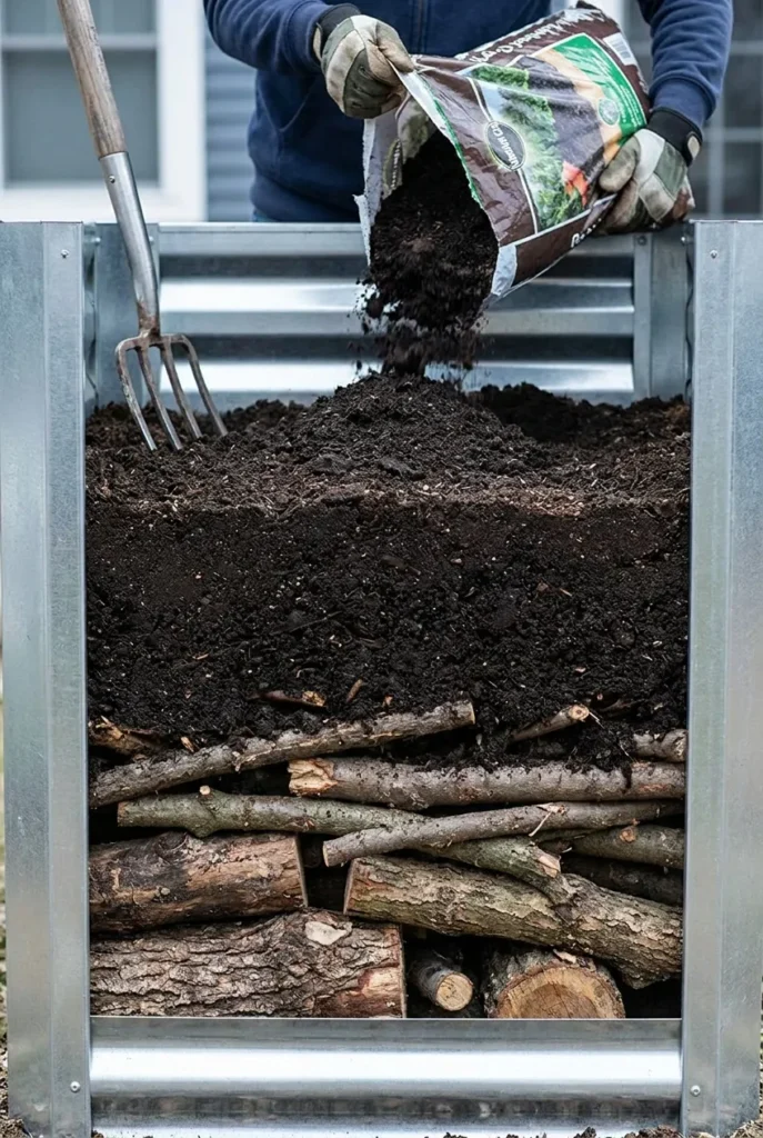 Galvanized raised garden bed filled with layered logs, compost, and soil to save money
