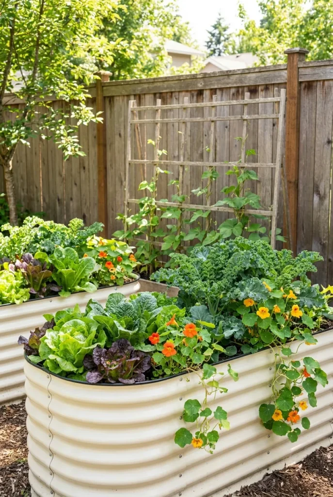 Galvanized raised garden bed in cream with lettuce and trellis in a sunny backyard