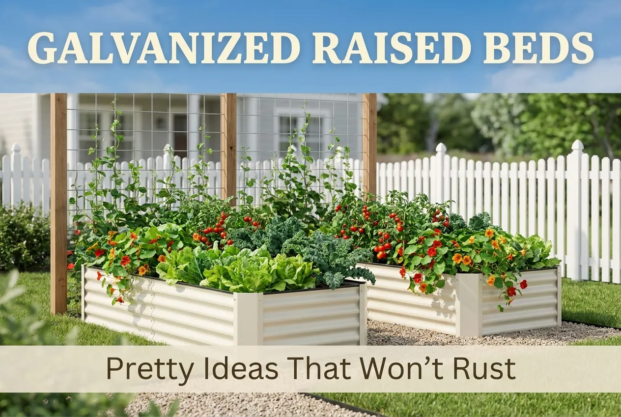 Galvanized raised garden bed ideas that won't rust, cream beds with lettuce and trellis