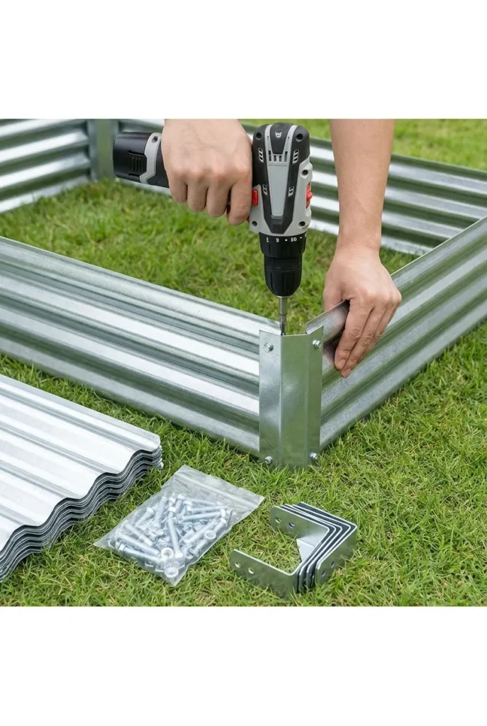Galvanized raised garden bed kit assembly with panels, bolts, and screwdriver