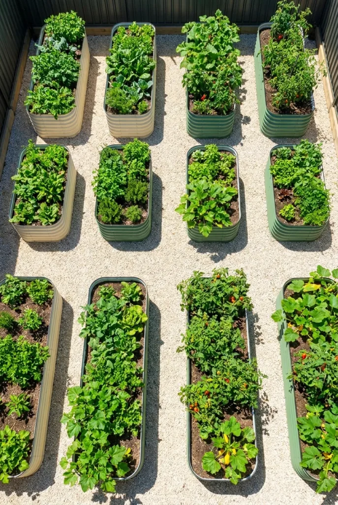 Overhead galvanized raised garden bed layout showing three zones and wide paths