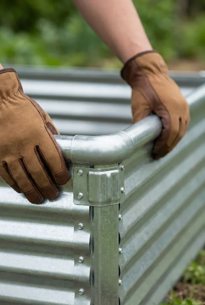 Galvanized steel raised bed rolled safety edge and reinforced corner protector close up