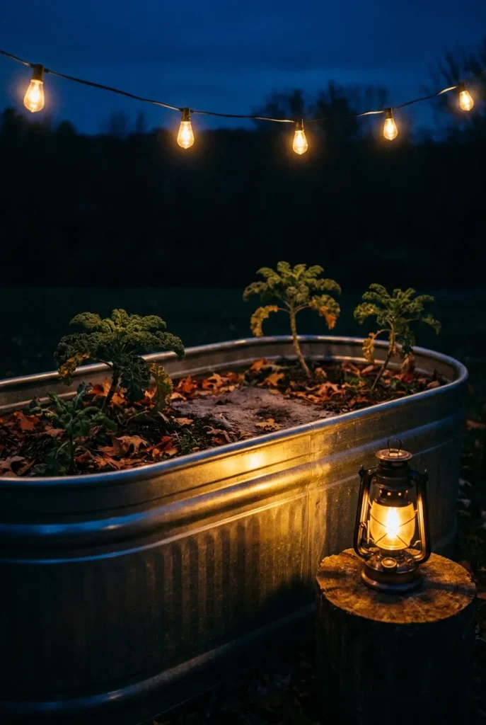 Galvanized raised garden bed in autumn at dusk with warm string lights overhead