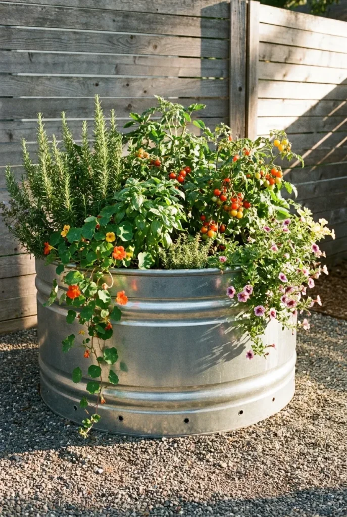 Galvanized stock tank used as a raised garden bed planter on a gravel patio