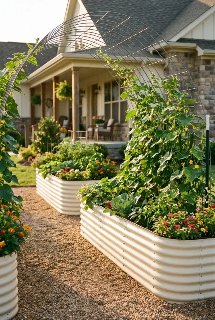 Matching cream galvanized raised garden beds styled with a trellis in a front yard
