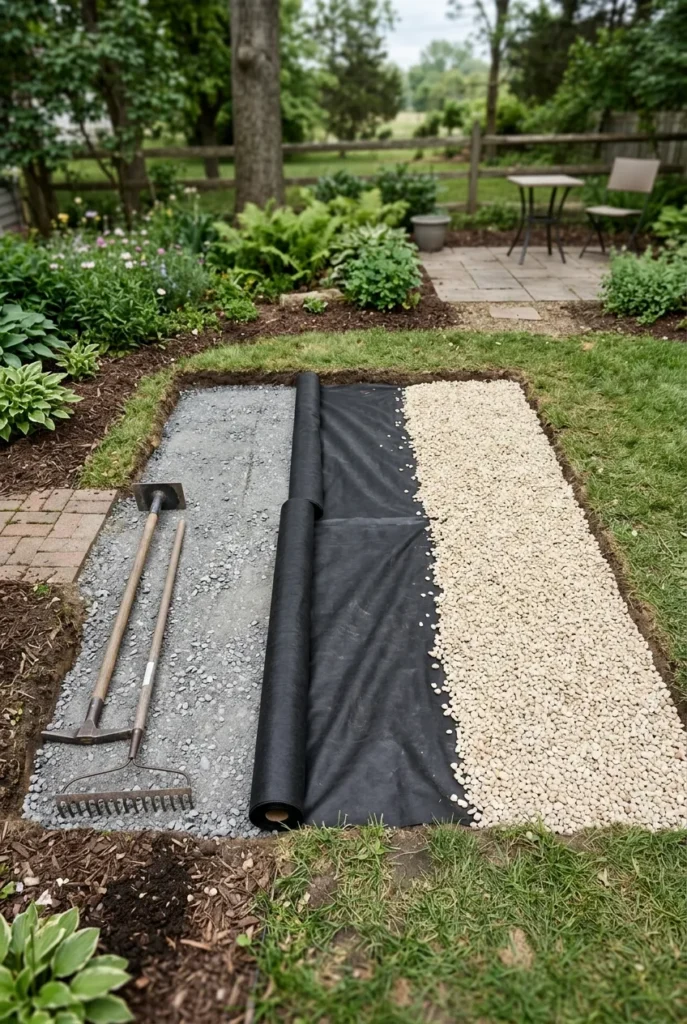 Gravel patio base layers showing crushed stone, landscape fabric, and pea gravel