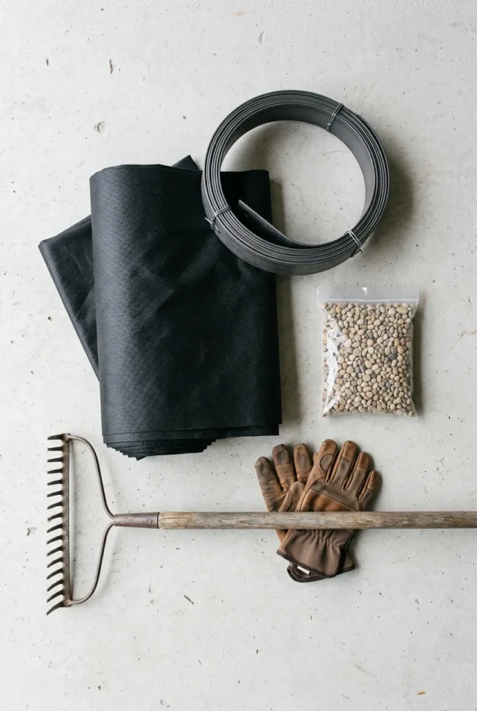 Budget gravel patio shopping list with fabric, edging, gravel, and tools