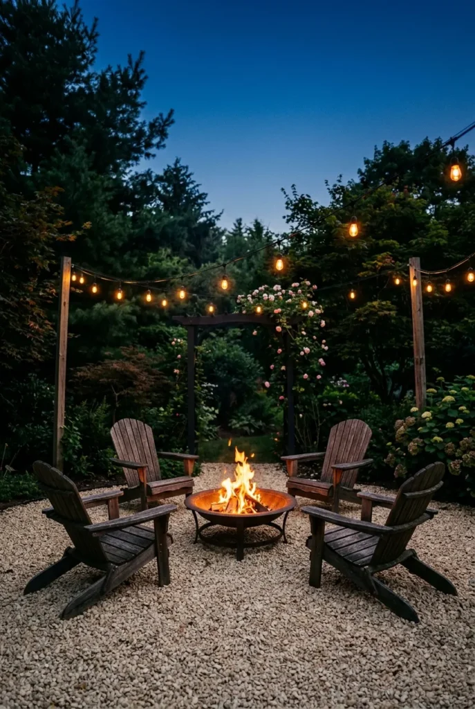 Gravel patio with fire pit idea and Adirondack chairs glowing at dusk