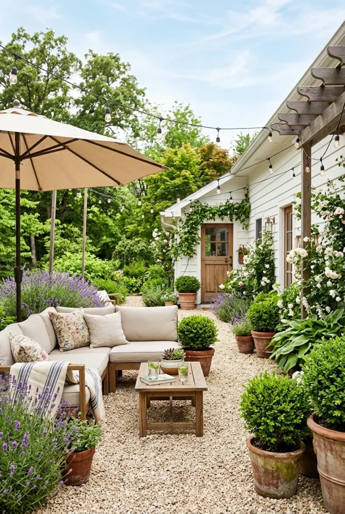 Gravel patio ideas on a budget with pea gravel and cozy sectional seating