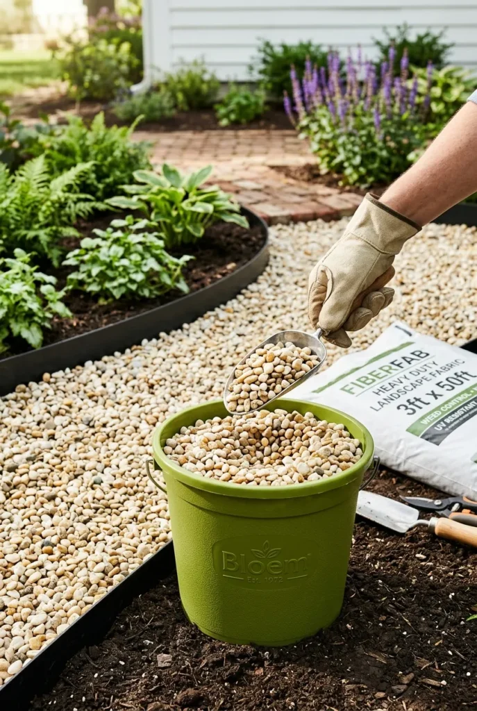 Budget gravel patio materials with pea gravel and steel edging for DIY install