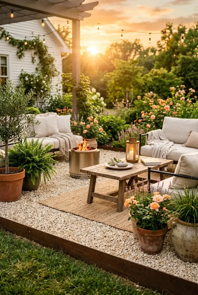 High-end looking pea gravel patio with steel edging, wood table, and fire pit