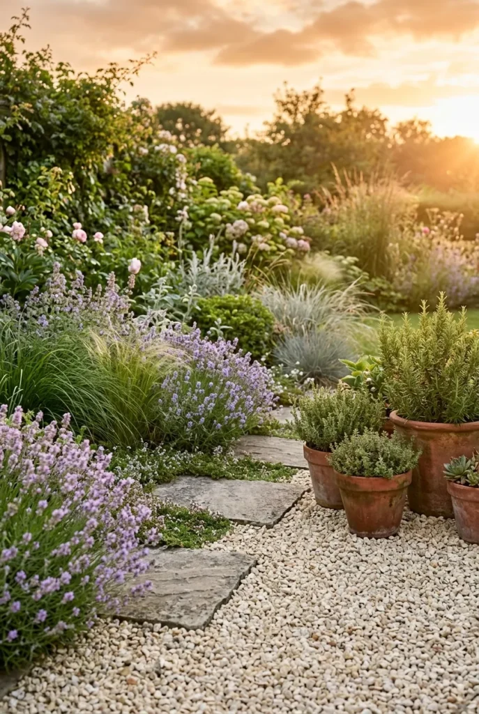 Gravel patio edged with lavender, thyme, and grasses for a cottage garden look