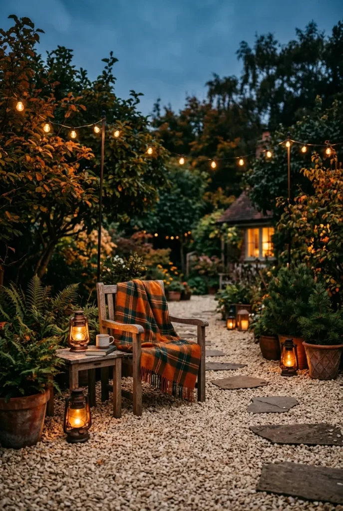 Gravel patio styled for fall with throws, lanterns, and string lights at dusk
