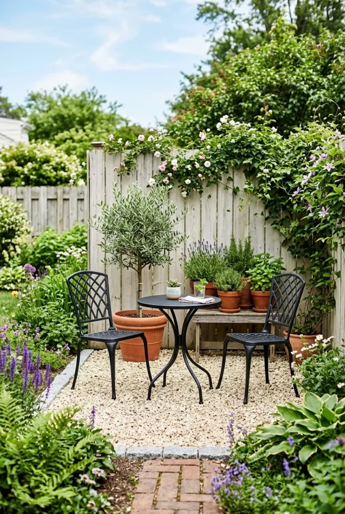 Small gravel patio idea for a tiny backyard with bistro seating and potted plants