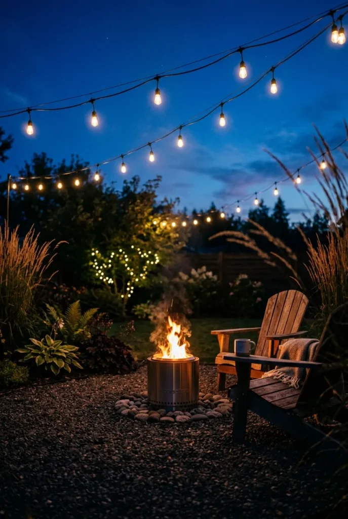Low maintenance backyard at dusk with string lights and fire pit glowing