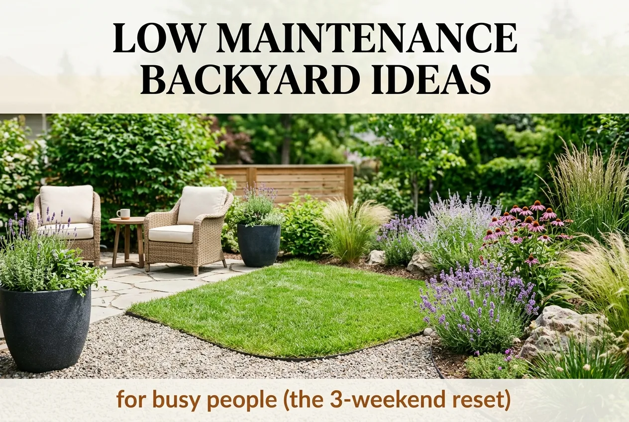 Low maintenance backyard ideas pin with gravel, lavender, and cozy seating