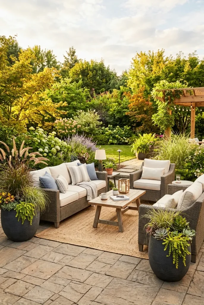 Easy-care outdoor furniture and large planters in a low maintenance backyard