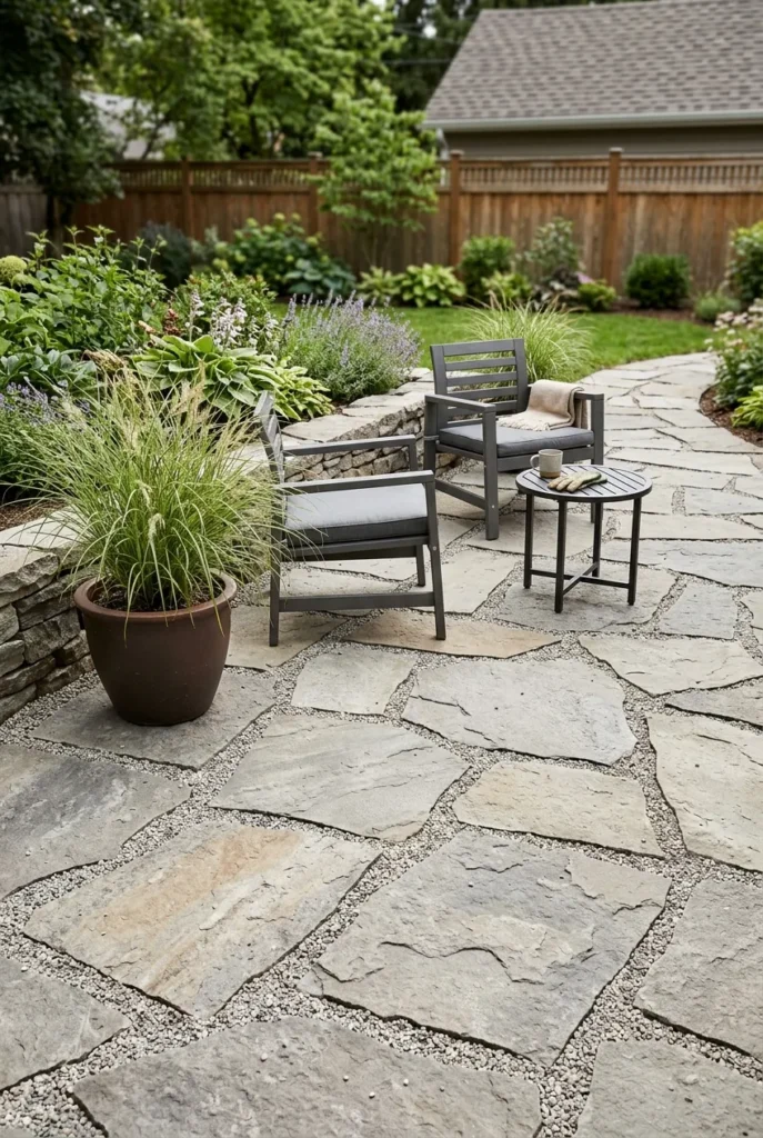 Flagstone patio hardscaping for a low maintenance backyard seating area
