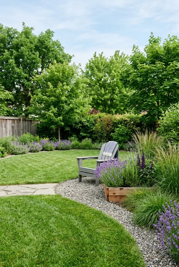 Low maintenance backyard with gravel border, lavender, and grasses in morning light
