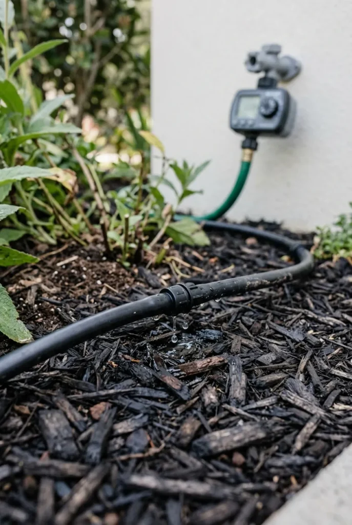 Drip irrigation and mulch automating a low maintenance backyard