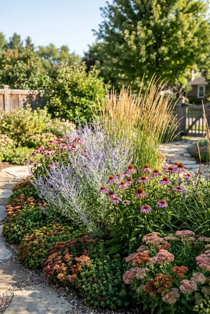 Drought-tolerant low maintenance backyard plants including sage and coneflower