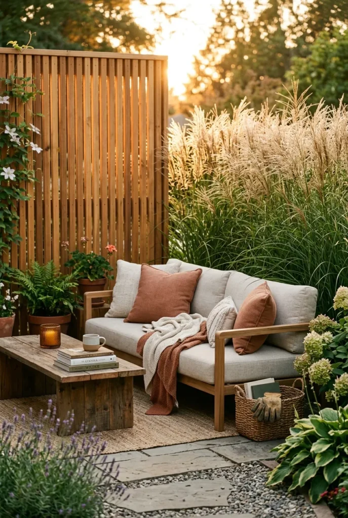 Low maintenance backyard privacy with cedar screen and ornamental grasses