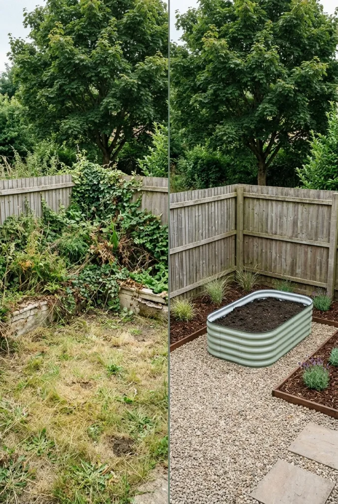Backyard reset before and after showing gravel, raised bed, and mulch