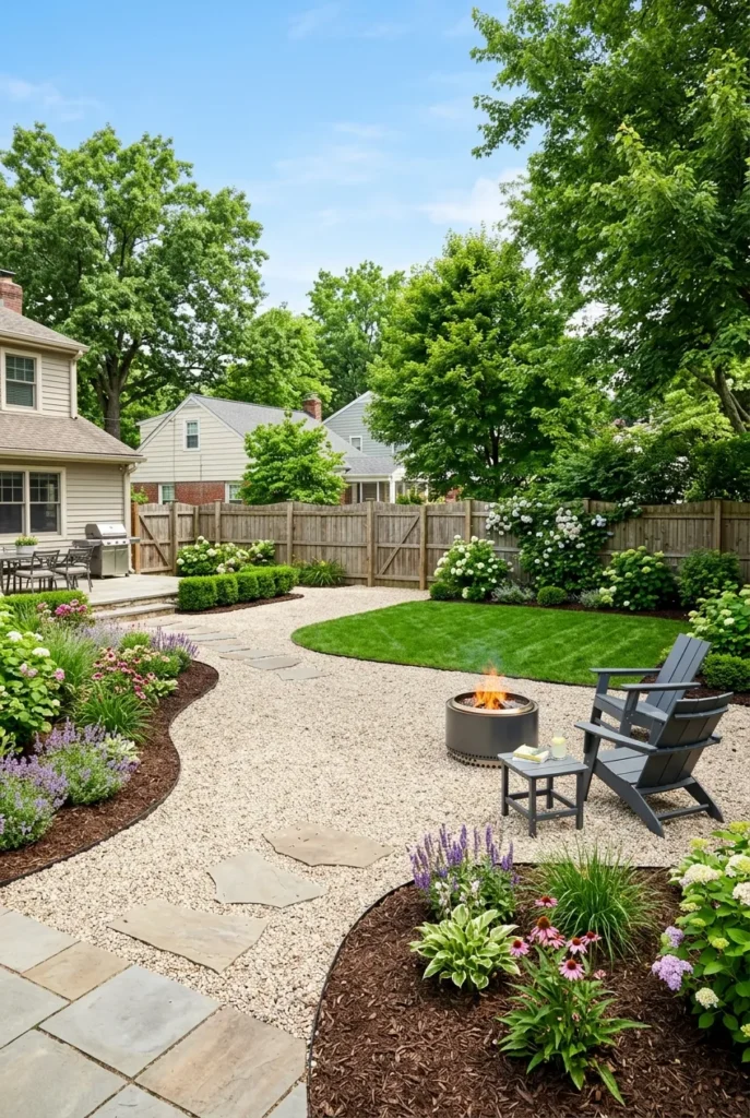 Backyard with reduced lawn replaced by gravel and mulch for low maintenance