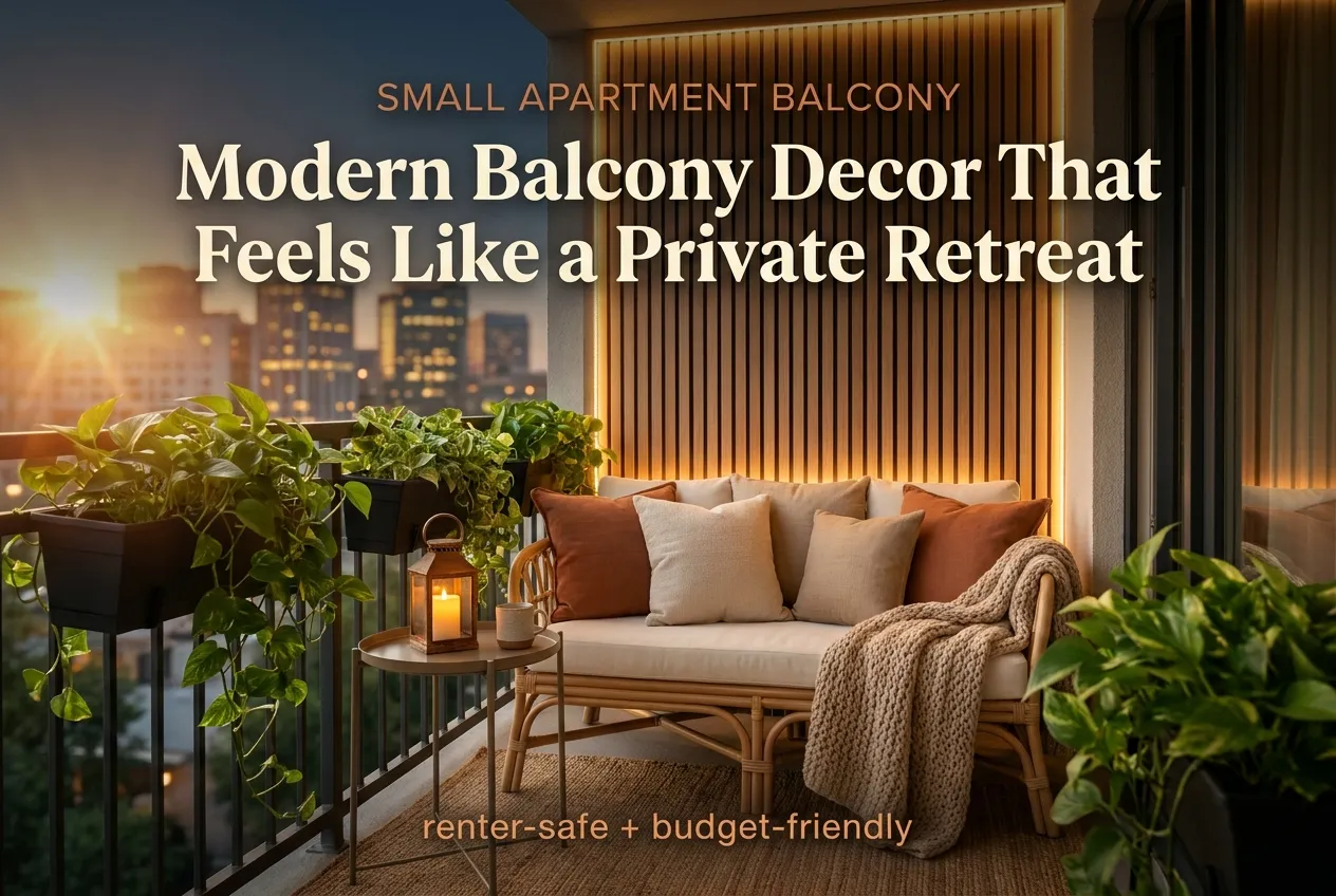 Modern balcony decor for a small apartment styled as a cozy retreat at dusk