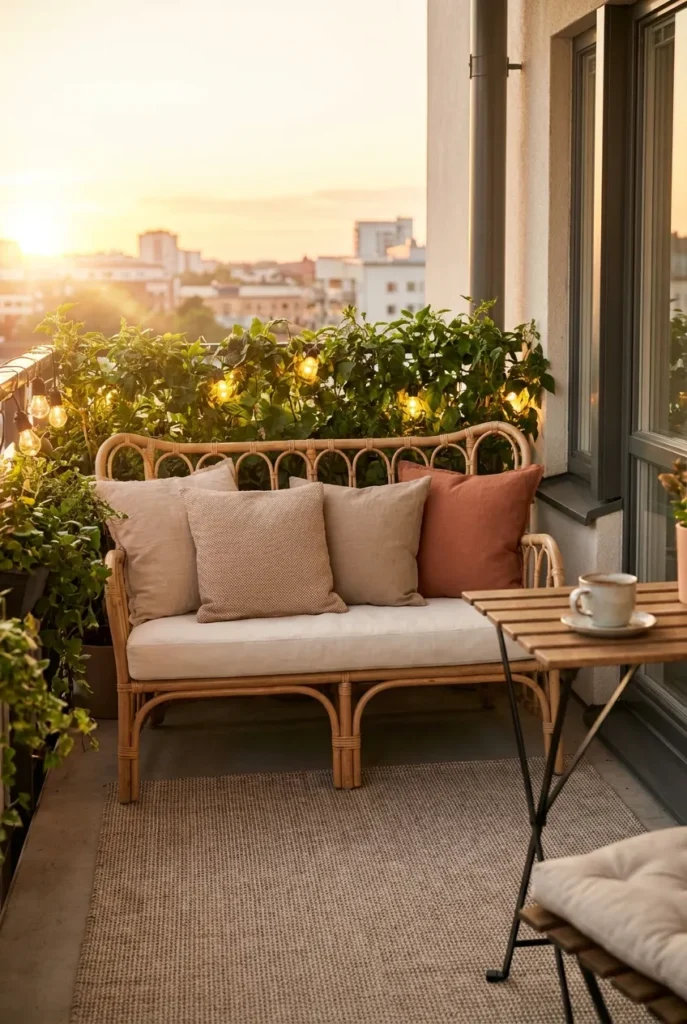 Finished modern balcony decor retreat for a small apartment at golden hour
