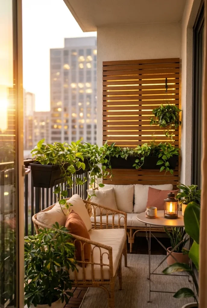Modern balcony decor with rattan seating and warm lights at golden hour