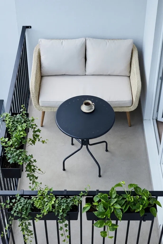 Modern balcony decor layout showing seating, table, and railing plants