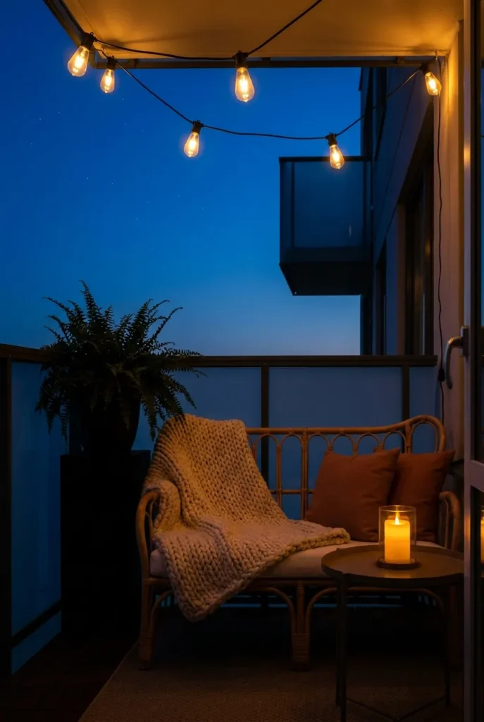 Warm string lights creating cozy modern balcony decor at dusk