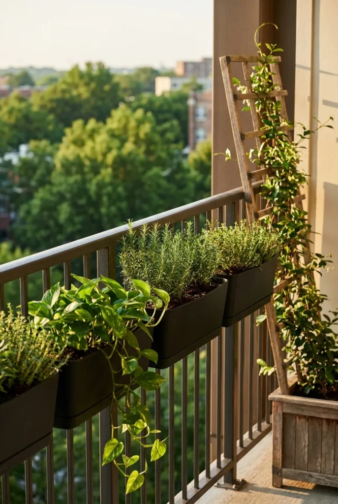 Vertical balcony garden with railing planters for modern balcony decor