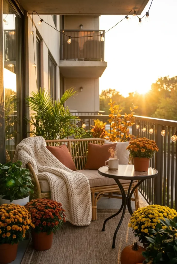All-season cozy modern balcony decor with autumn textiles and mums