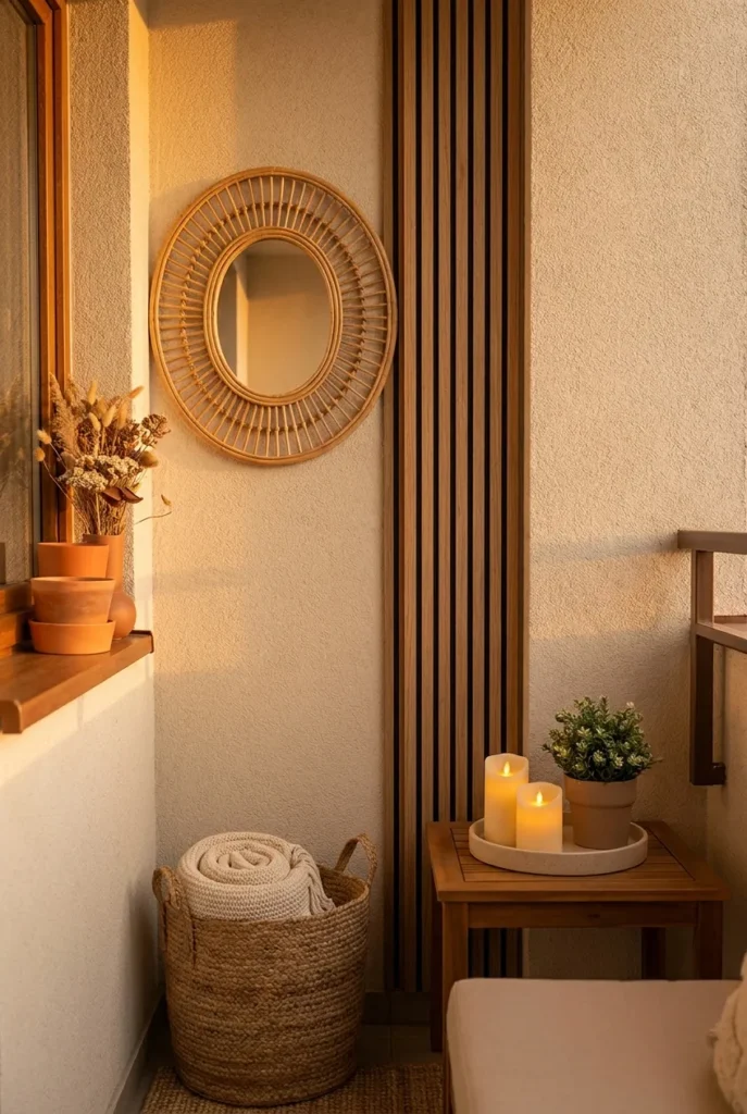 Balcony wall decor mirror and slat panel for modern balcony decor