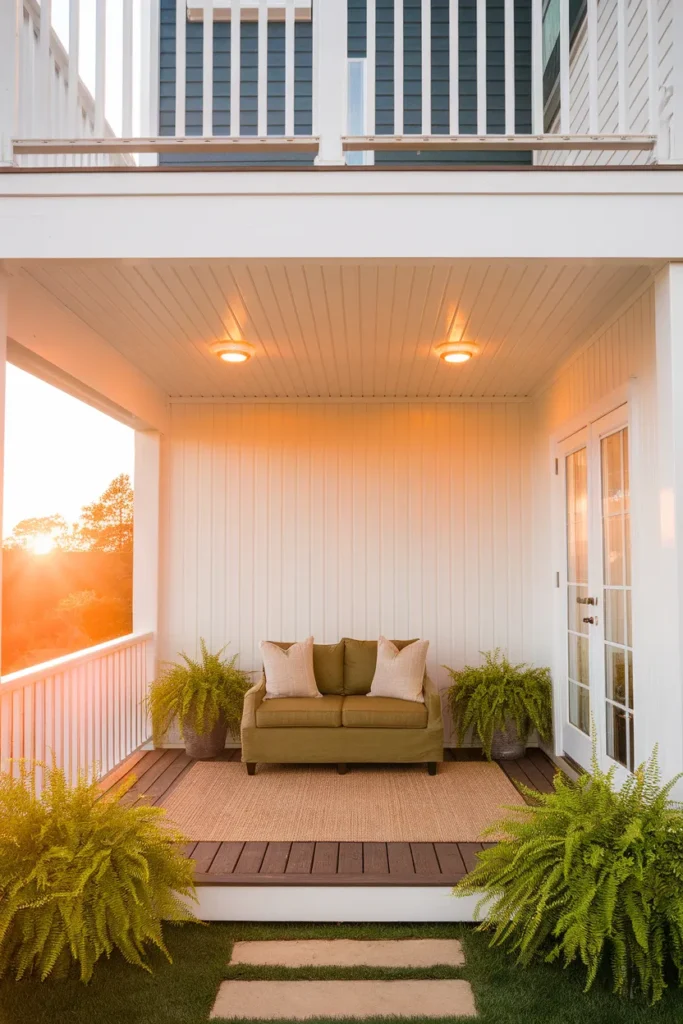 Under deck ceiling ideas hero, white beadboard ceiling over a cozy furnished patio at golden hour
