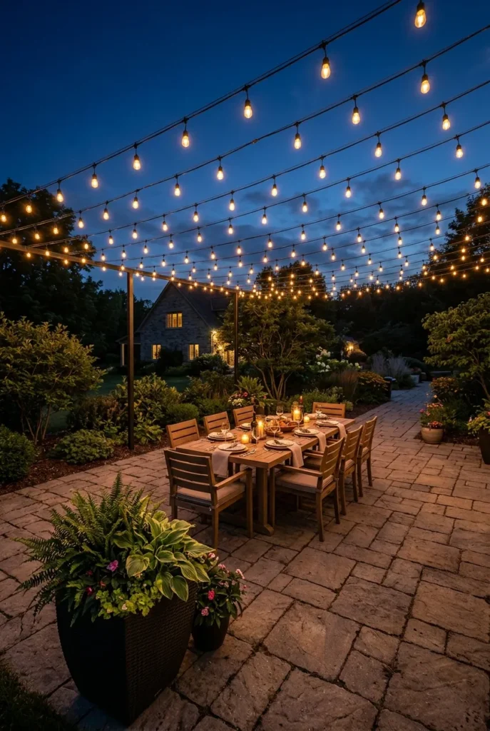 Outdoor string light canopy layout over a patio dining table at dusk
