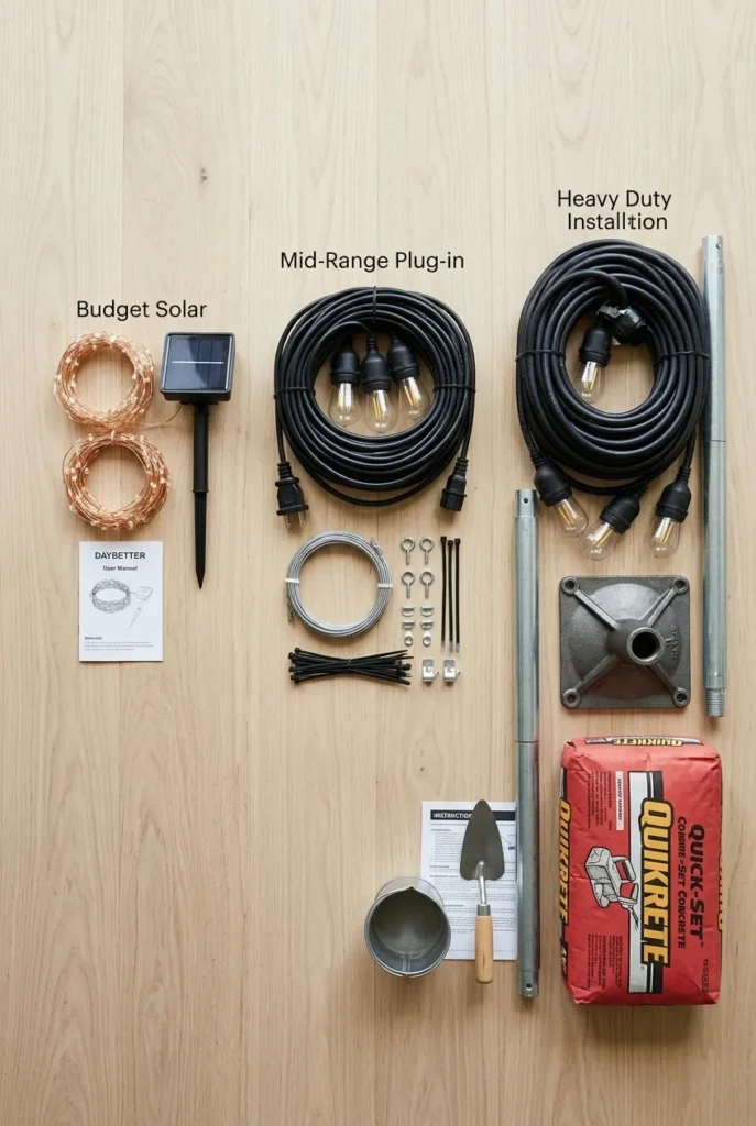 Outdoor string light ideas cost tiers from solar to commercial grade