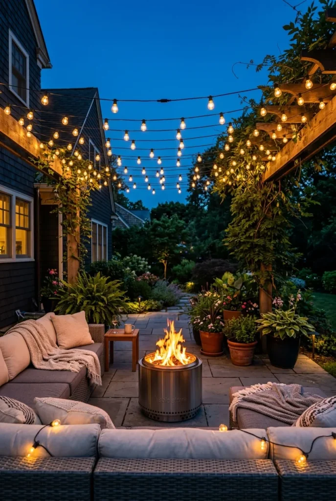 Cozy finished backyard with outdoor string light ideas glowing at blue hour