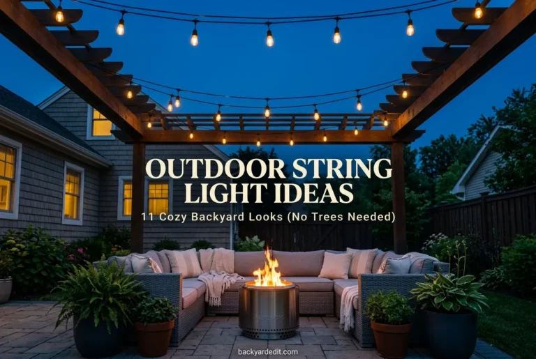 Outdoor string light ideas over a cozy blue-hour backyard patio at dusk