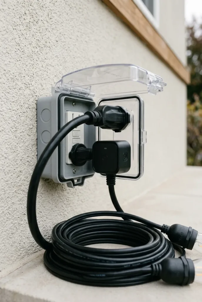 Outdoor string lights plugged into a GFCI outlet with an outdoor-rated cord