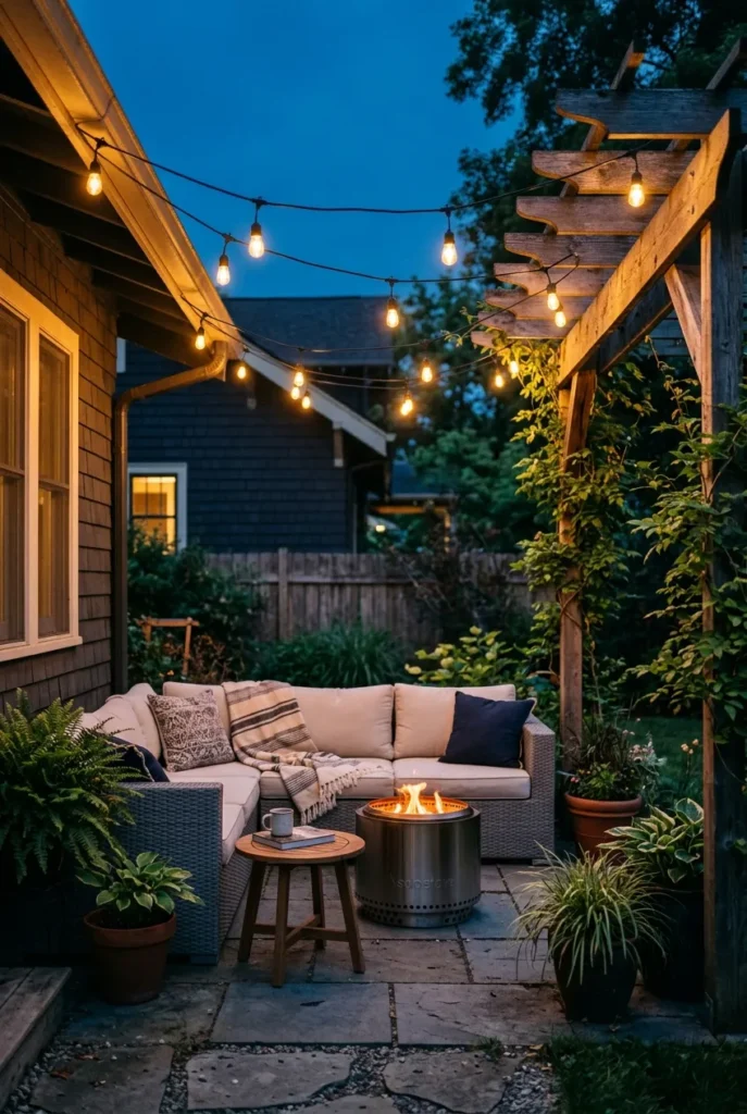 Outdoor string light ideas glowing over a cozy blue-hour backyard patio