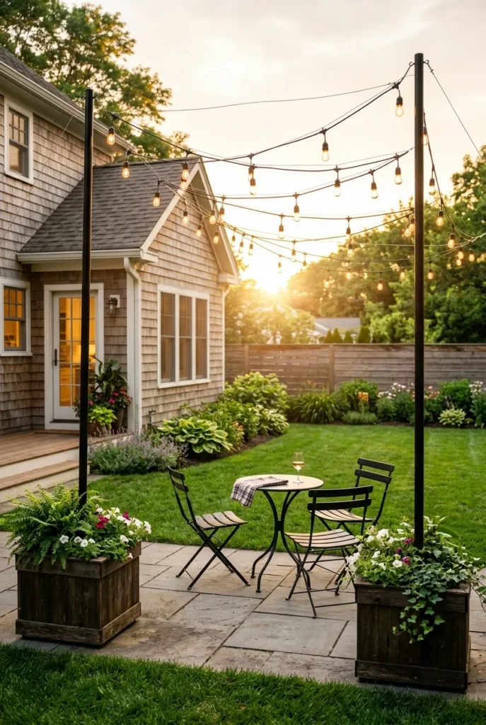 How to hang outdoor string lights with no trees using poles and guide wire