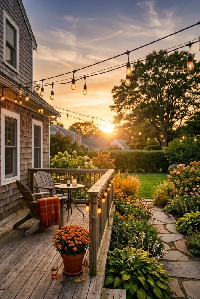Seasonal outdoor string light ideas glowing over a late-summer backyard deck