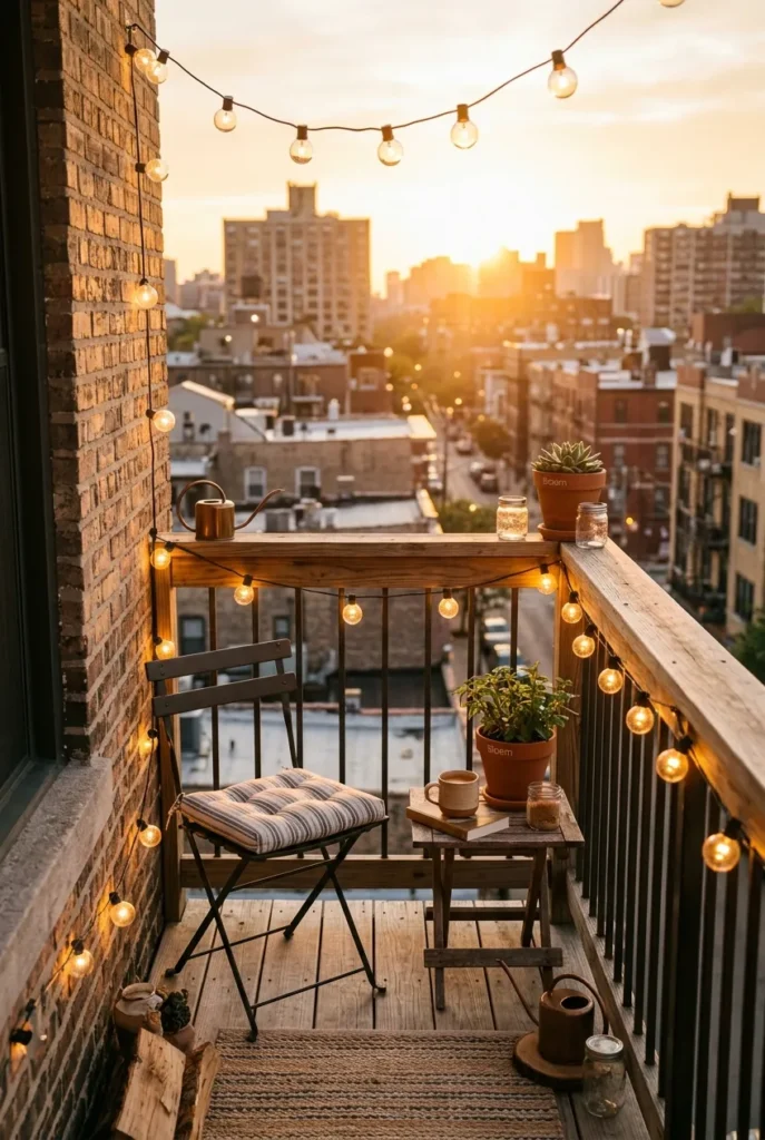 Small balcony outdoor string light ideas framing the railing at golden hour