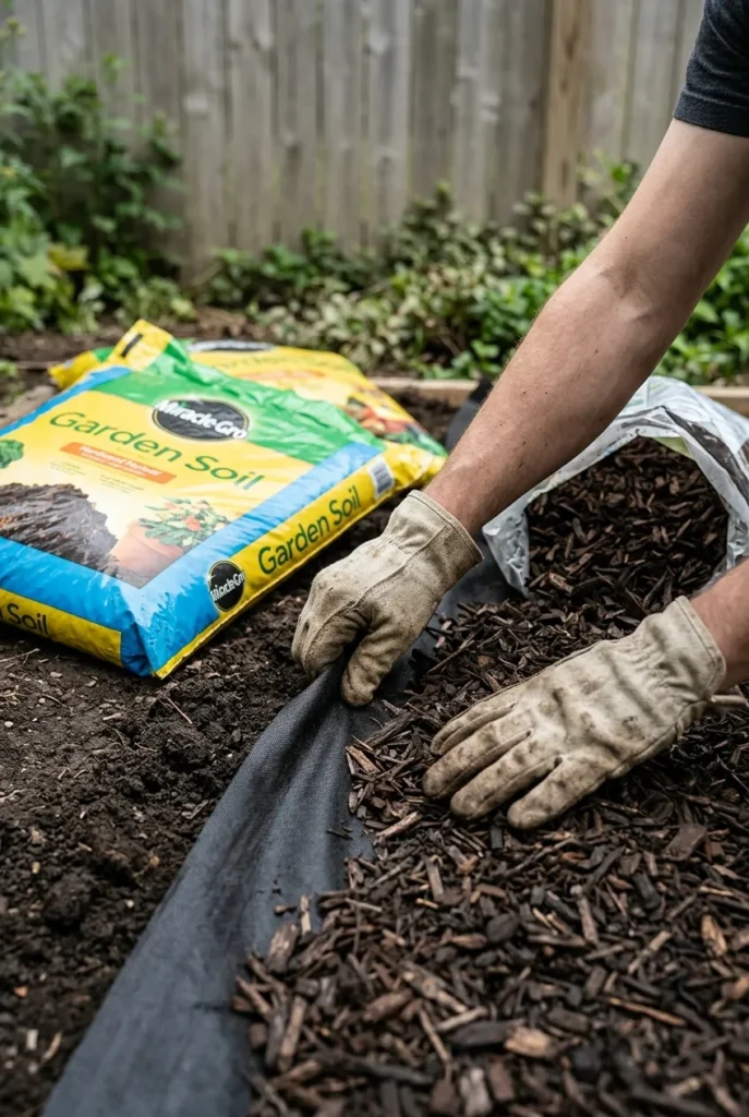 Adding landscape fabric and mulch to a low maintenance backyard bed