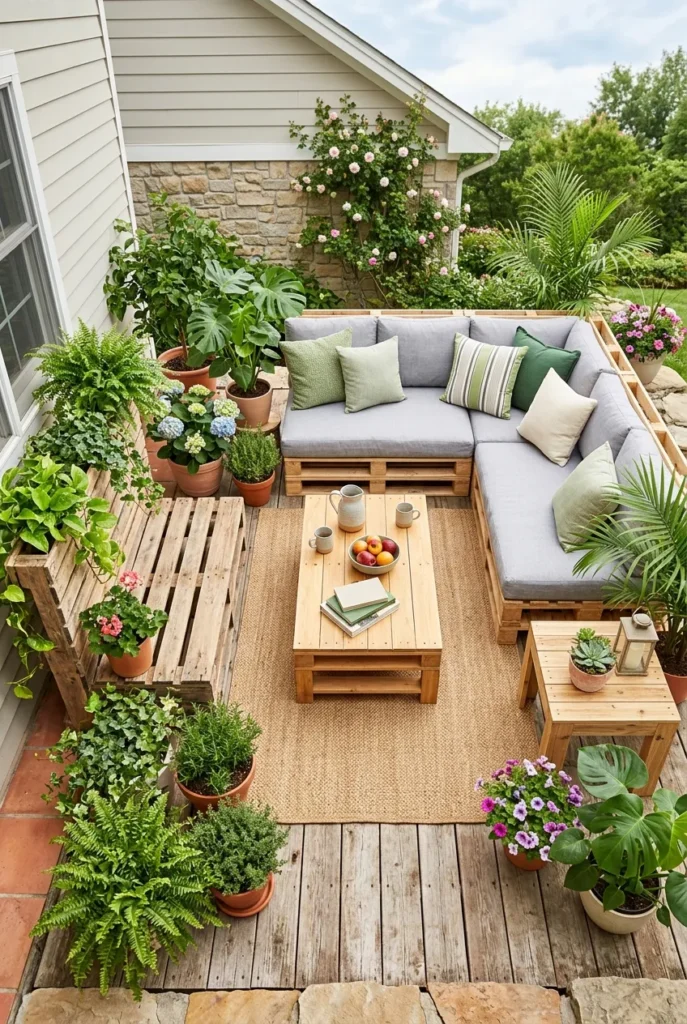 four DIY pallet outdoor furniture ideas arranged on a bright budget patio
