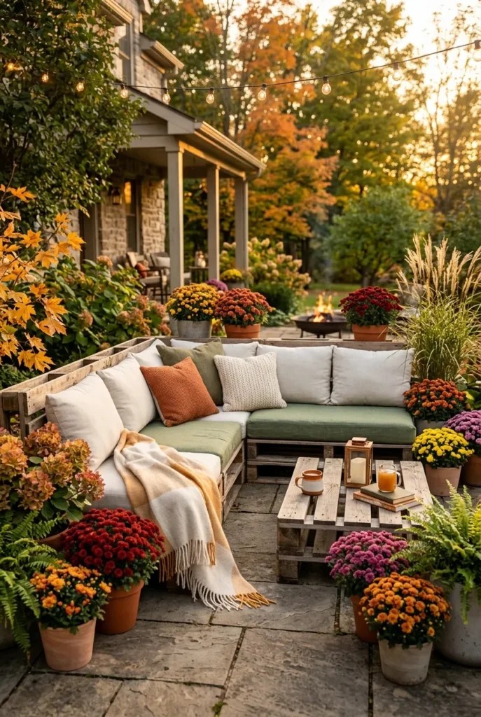 finished pallet outdoor furniture styled for fall in a cozy backyard patio