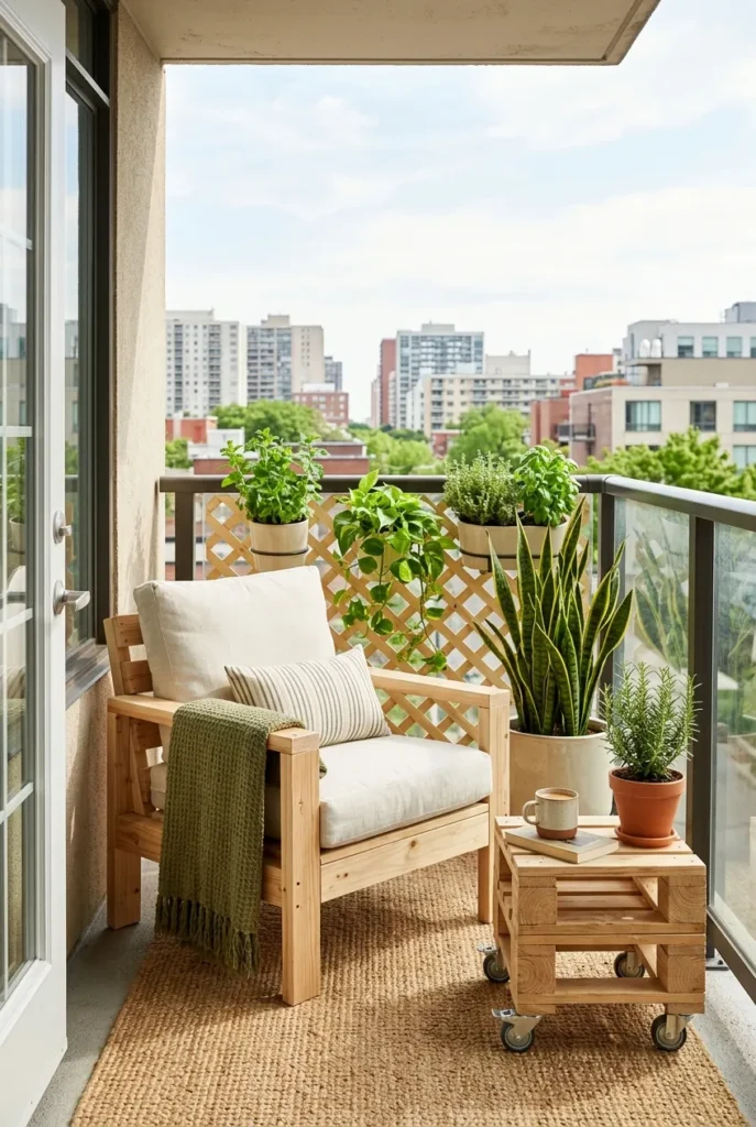 small space pallet outdoor furniture on a renter balcony with caster wheels